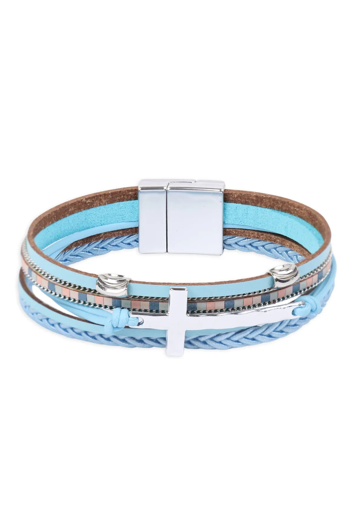 LEATHER WRAP WITH CROSS CHARM MAGNETIC LOCK BRACELET