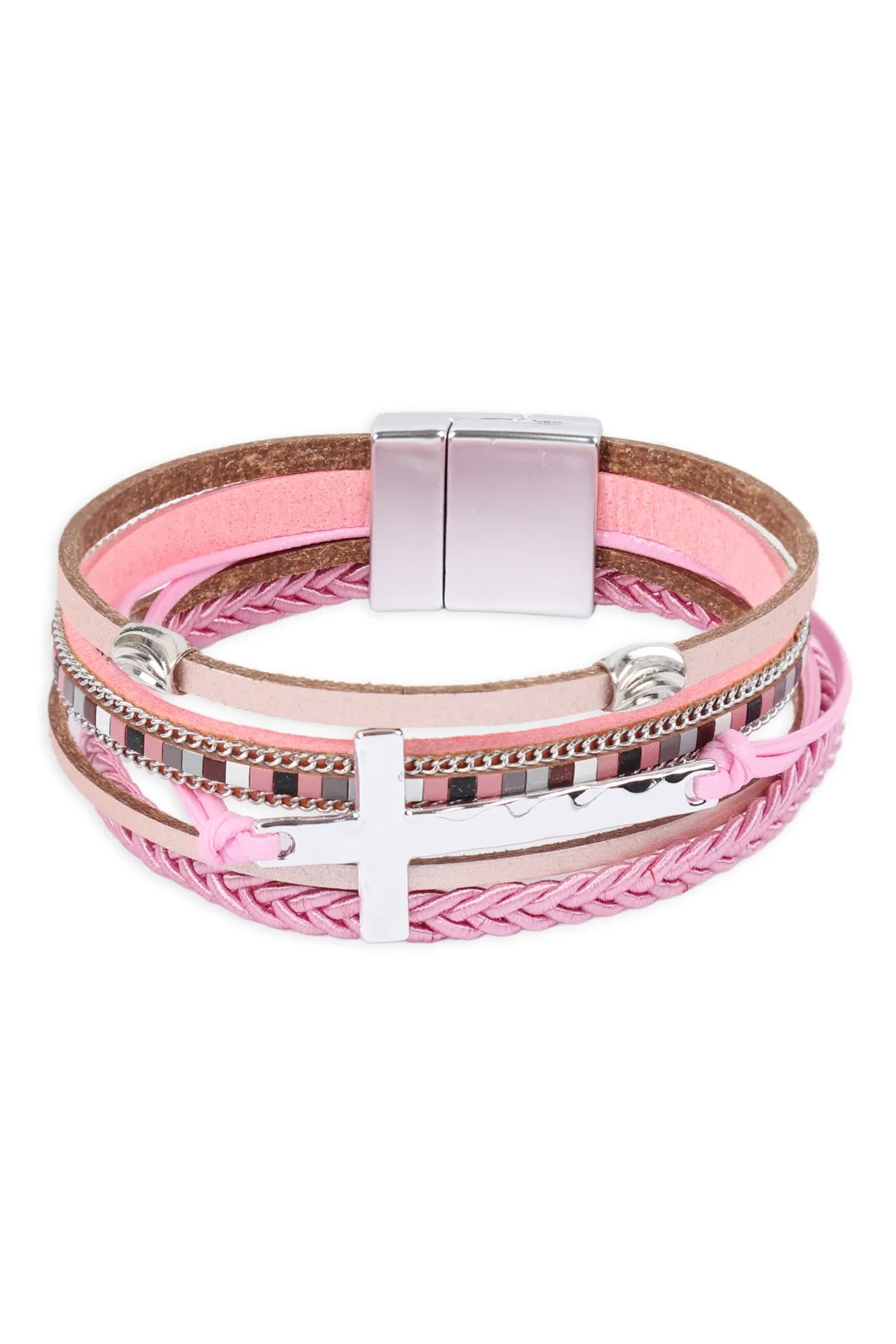 LEATHER WRAP WITH CROSS CHARM MAGNETIC LOCK BRACELET