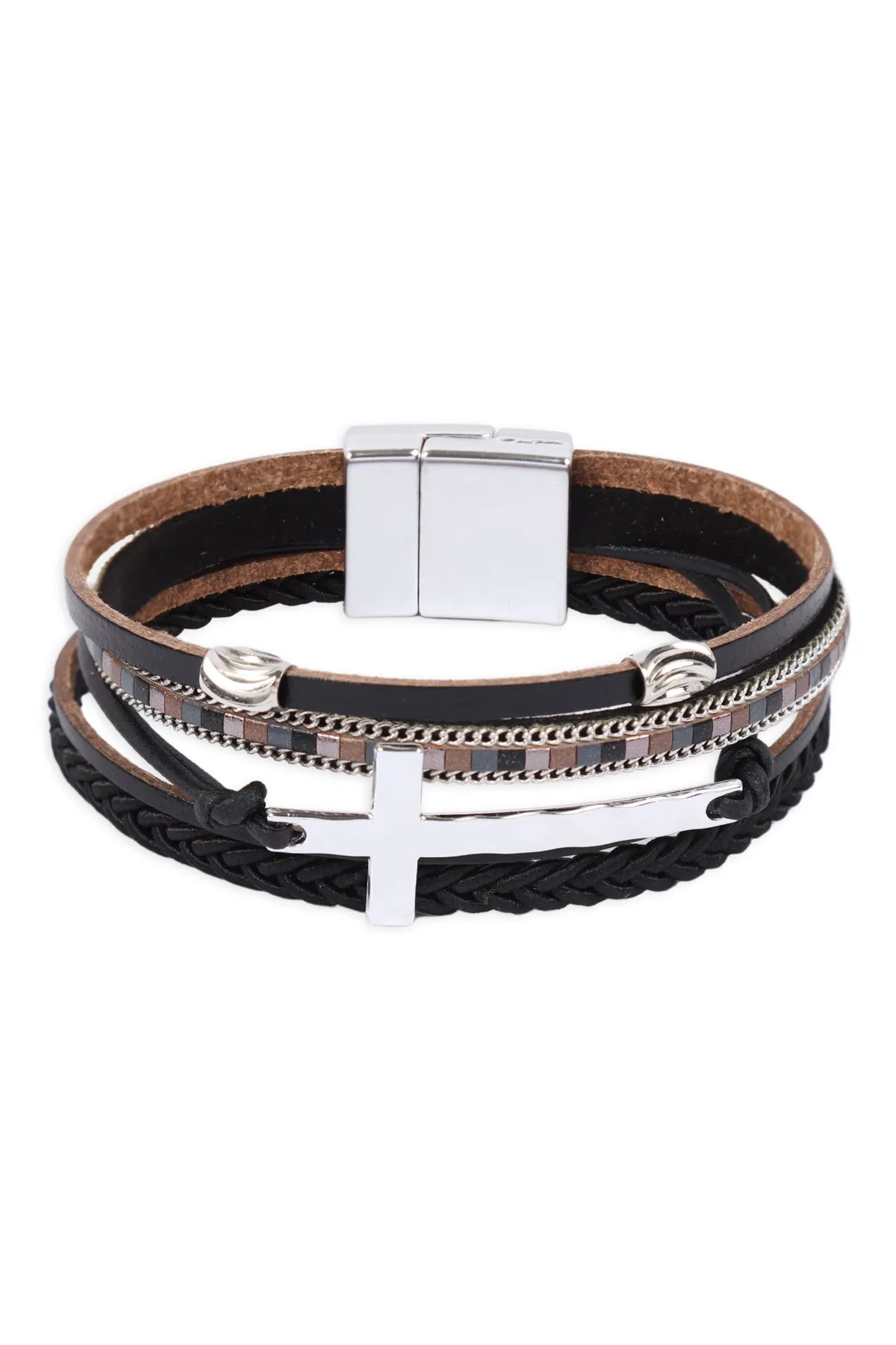 LEATHER WRAP WITH CROSS CHARM MAGNETIC LOCK BRACELET