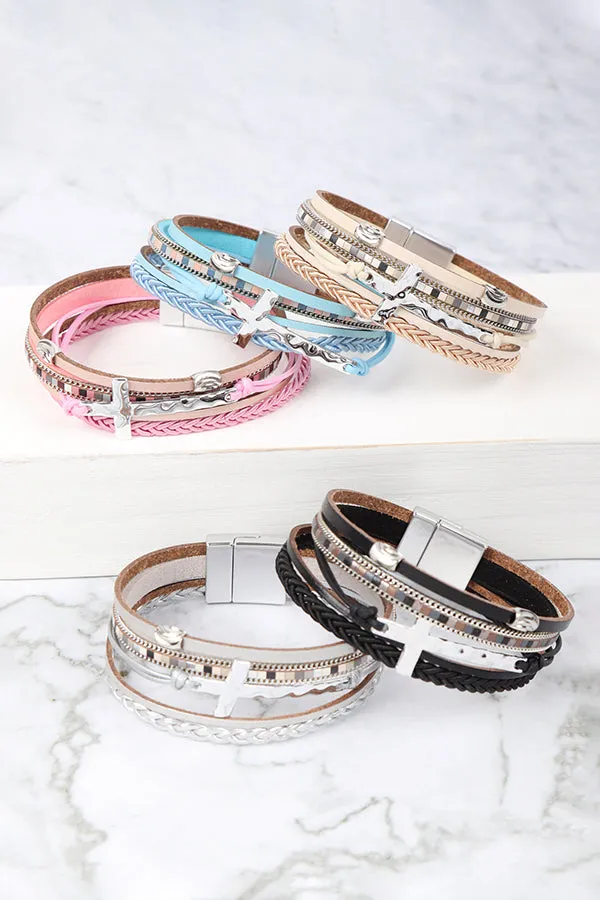 LEATHER WRAP WITH CROSS CHARM MAGNETIC LOCK BRACELET