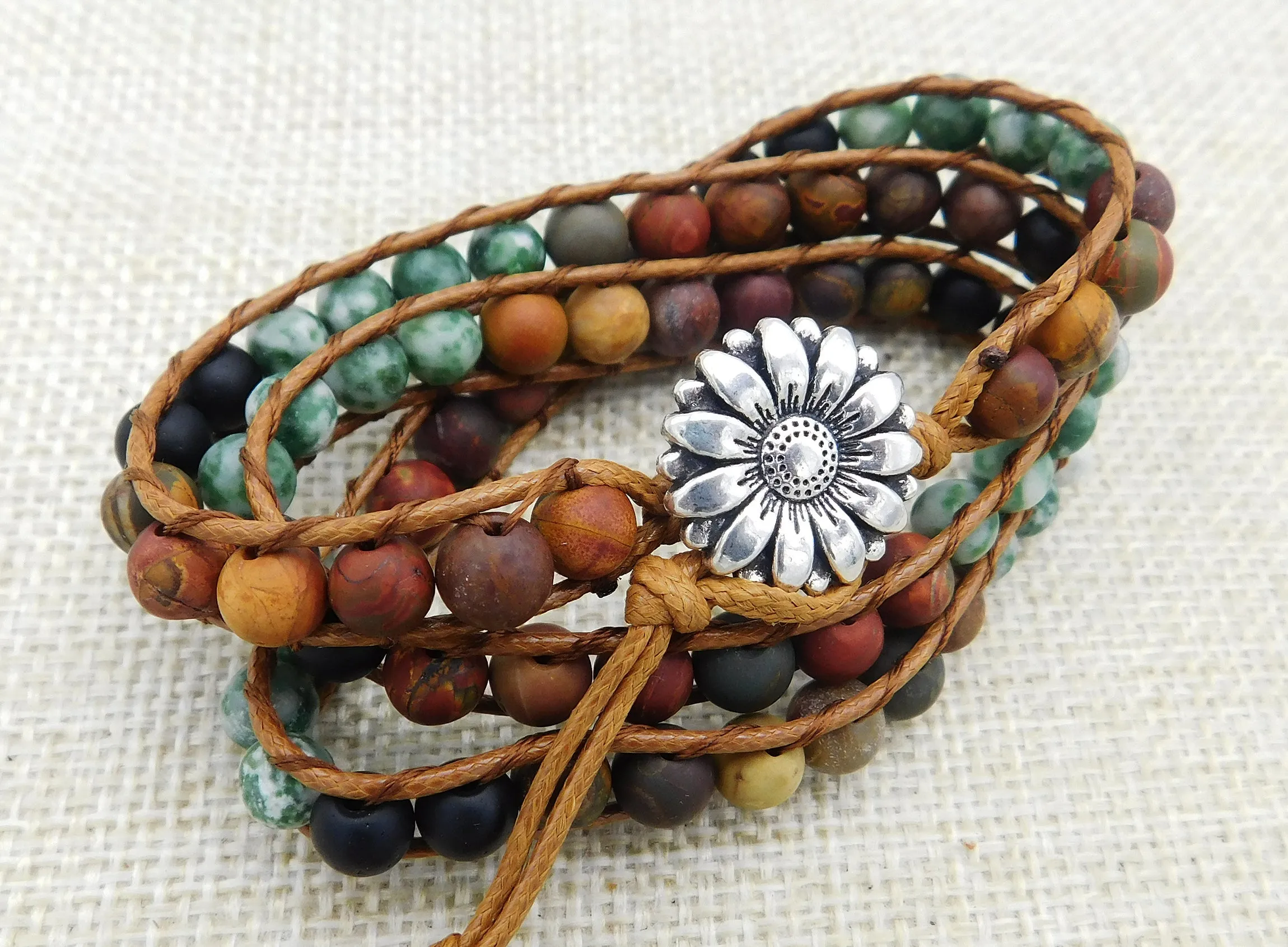 Leather Wrapped Beaded Natural Stone Jewelry Adjustable