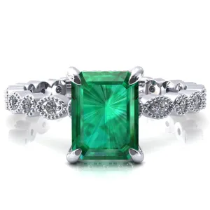 Lizette Emerald Emerald 4 Claw Prong 3/4 Eternity Milgrain Diamond Shank Engagement Ring