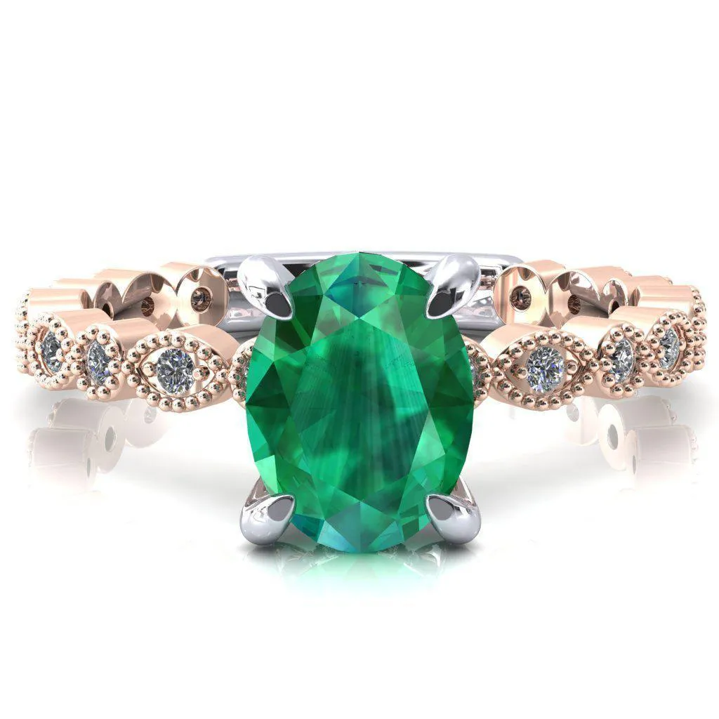 Lizette Oval Emerald 4 Claw Prong 3/4 Eternity Milgrain Diamond Shank Engagement Ring