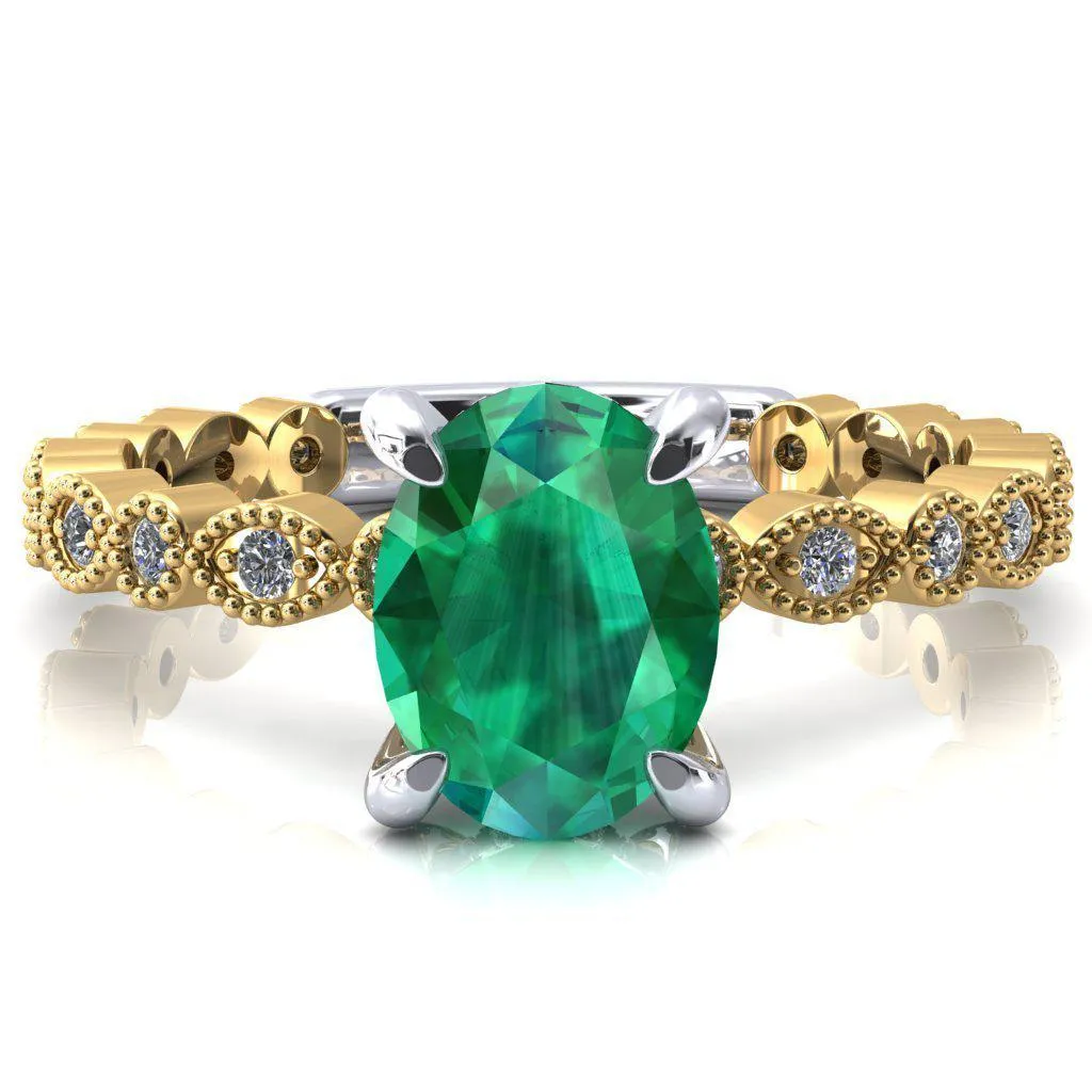 Lizette Oval Emerald 4 Claw Prong 3/4 Eternity Milgrain Diamond Shank Engagement Ring