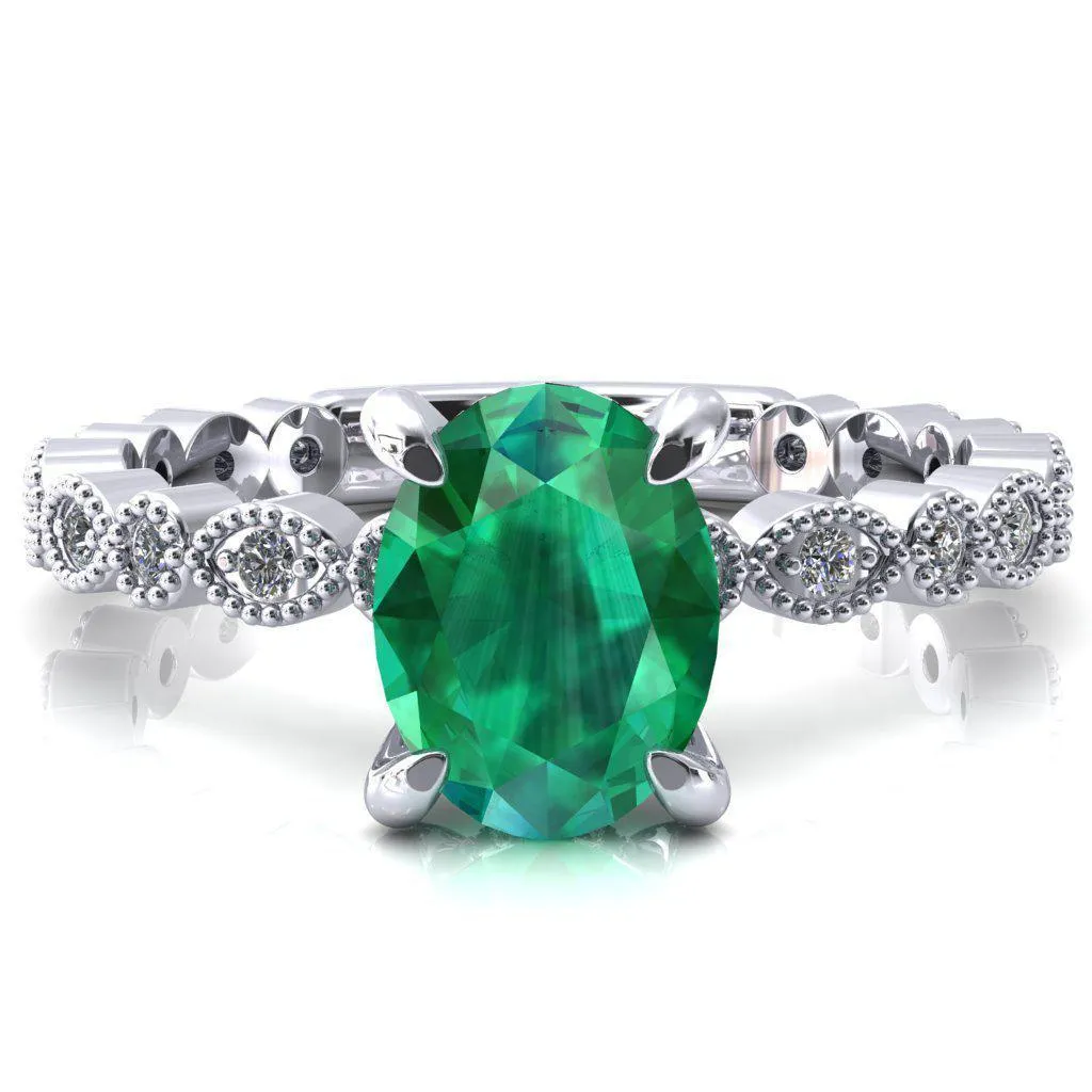 Lizette Oval Emerald 4 Claw Prong 3/4 Eternity Milgrain Diamond Shank Engagement Ring