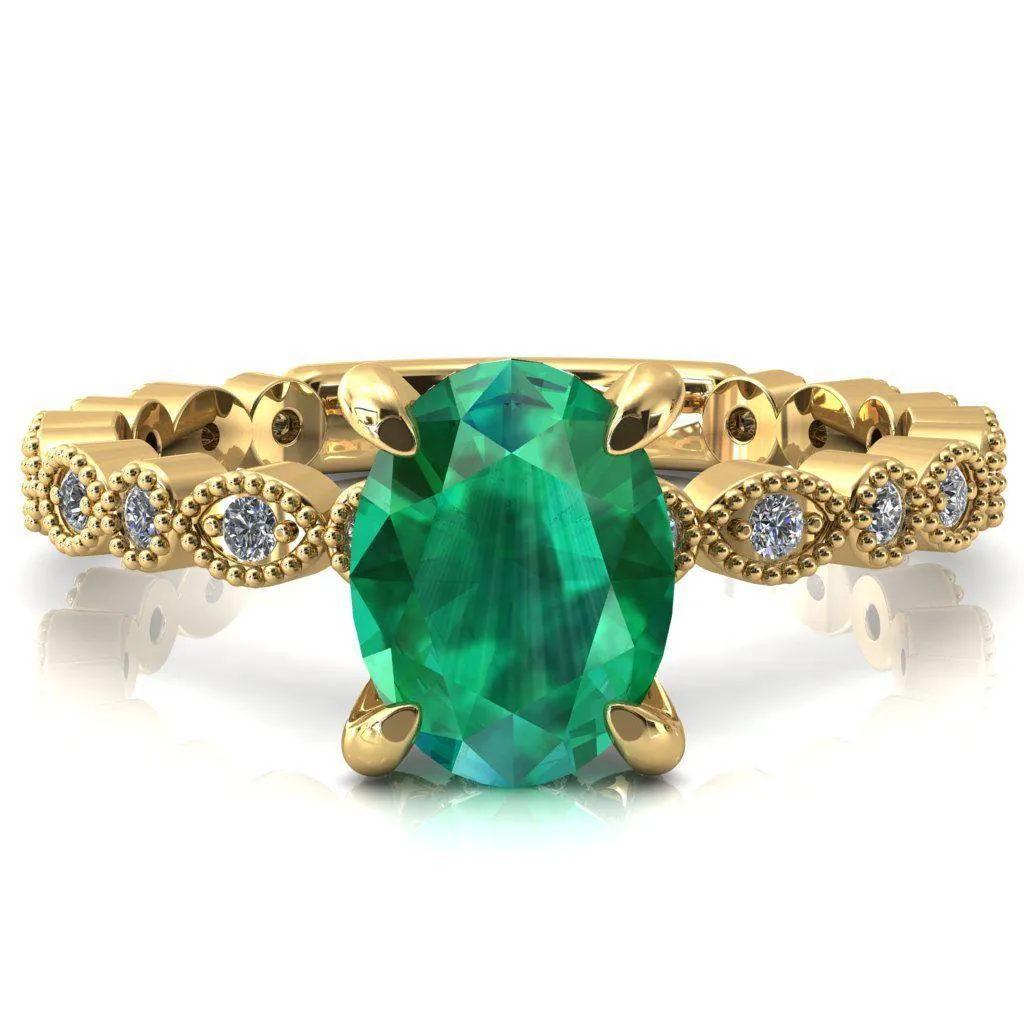 Lizette Oval Emerald 4 Claw Prong 3/4 Eternity Milgrain Diamond Shank Engagement Ring
