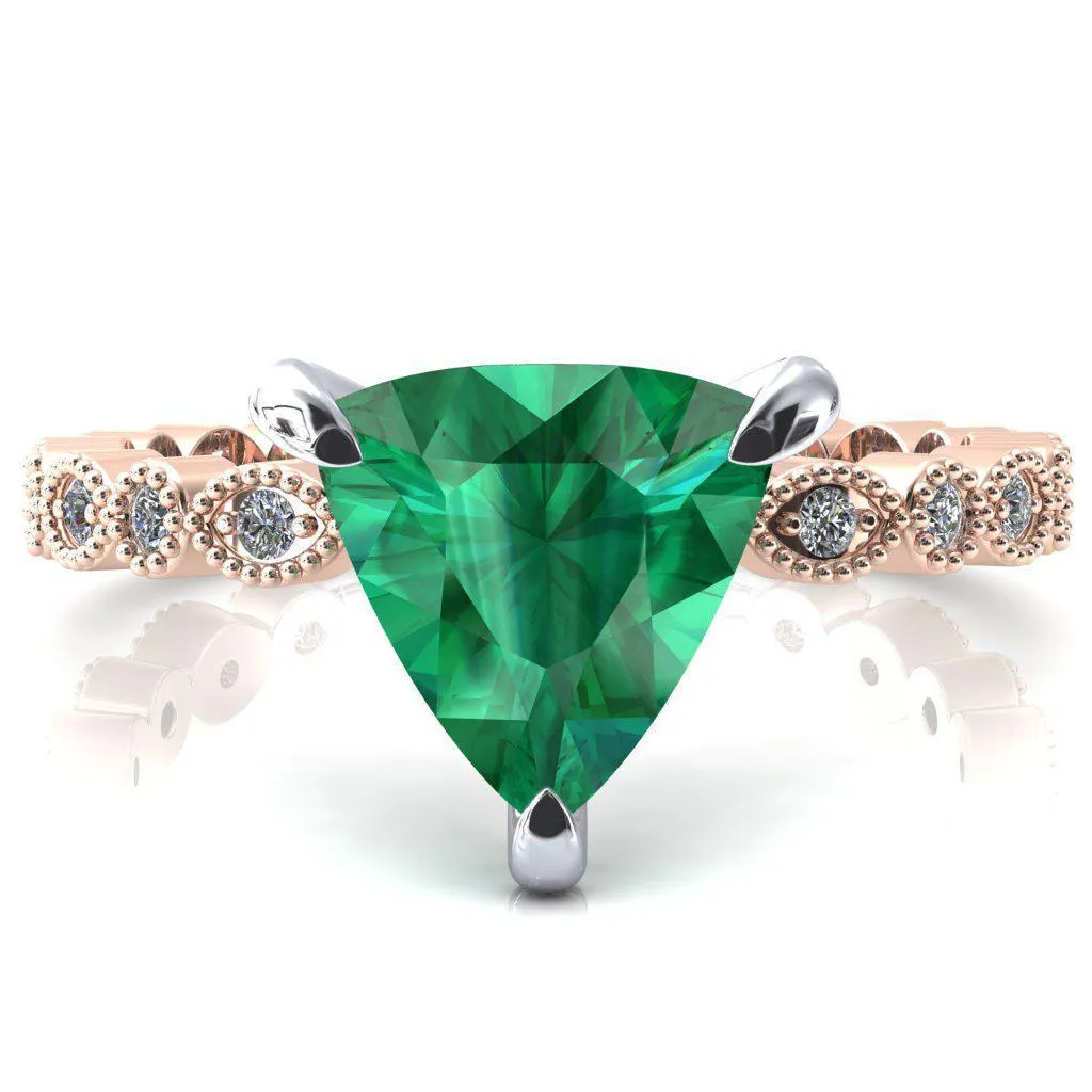 Lizette Trillion Emerald 3 Claw Prong 3/4 Eternity Milgrain Diamond Shank Engagement Ring