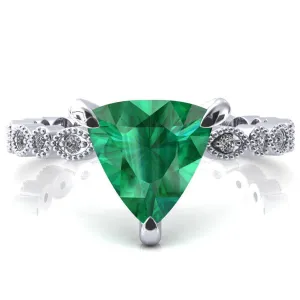 Lizette Trillion Emerald 3 Claw Prong 3/4 Eternity Milgrain Diamond Shank Engagement Ring