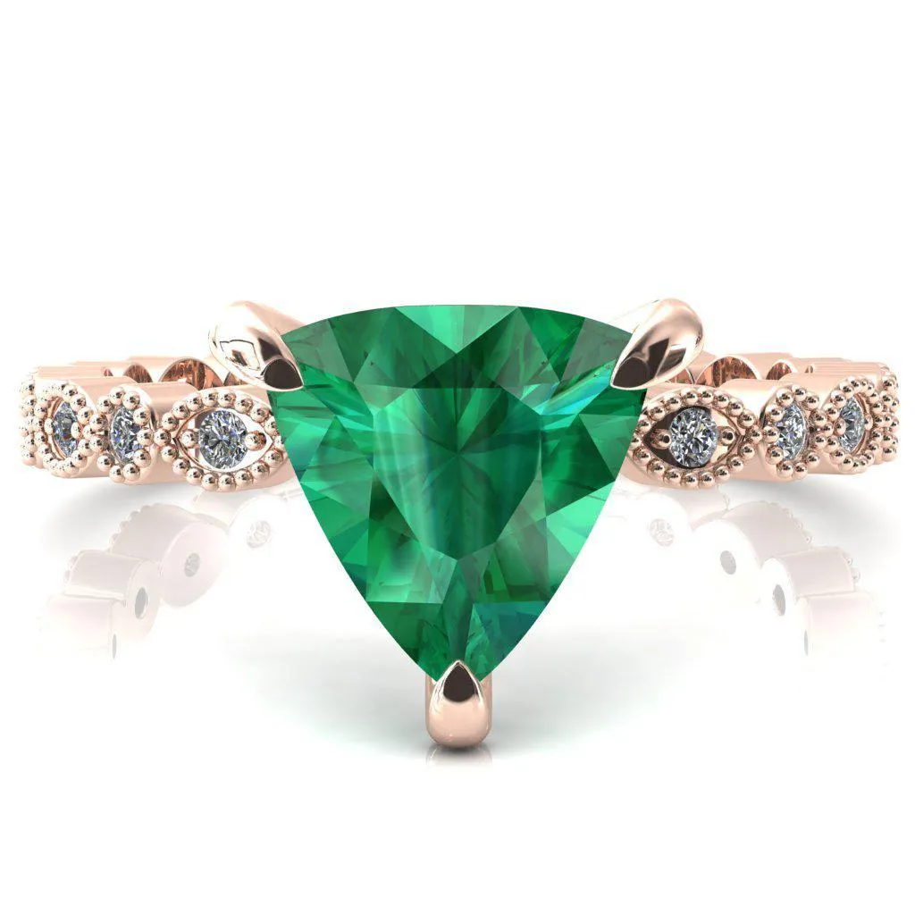 Lizette Trillion Emerald 3 Claw Prong 3/4 Eternity Milgrain Diamond Shank Engagement Ring