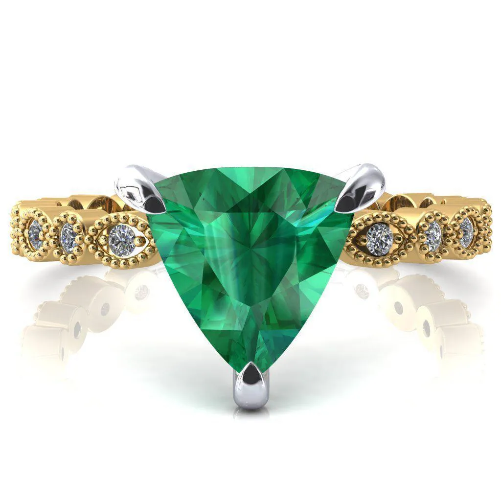 Lizette Trillion Emerald 3 Claw Prong 3/4 Eternity Milgrain Diamond Shank Engagement Ring