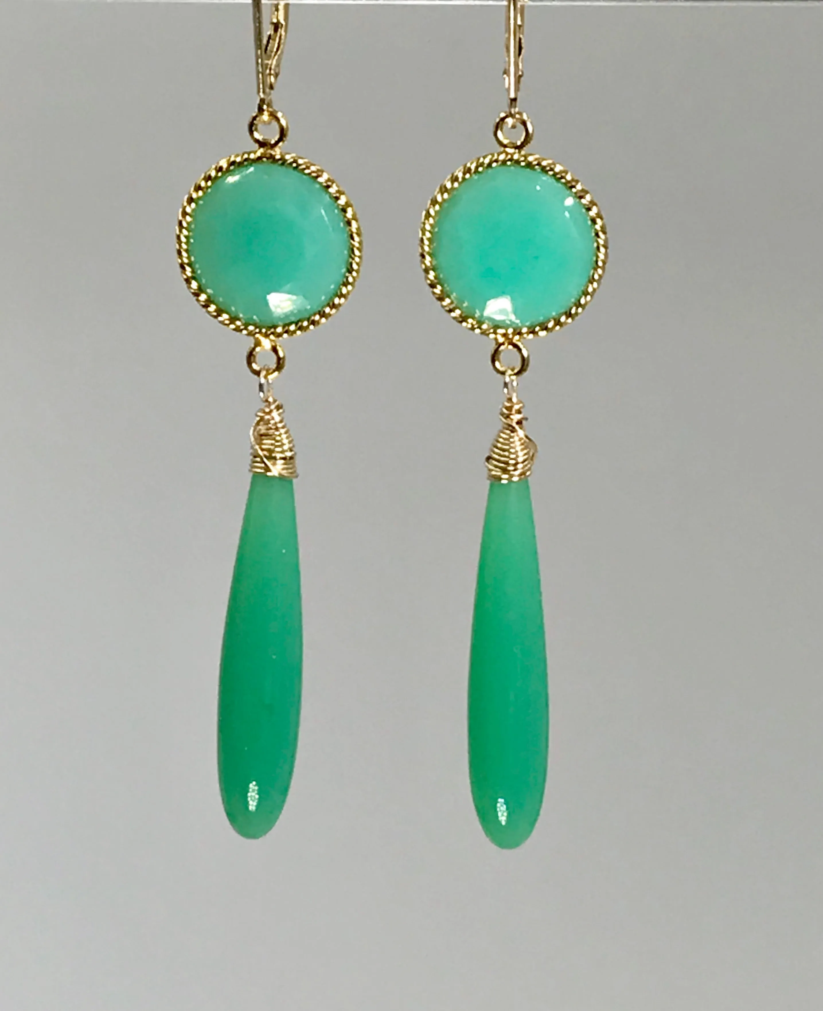 Long Green Drop Earrings Chrysoprase Chalcedony Connectors