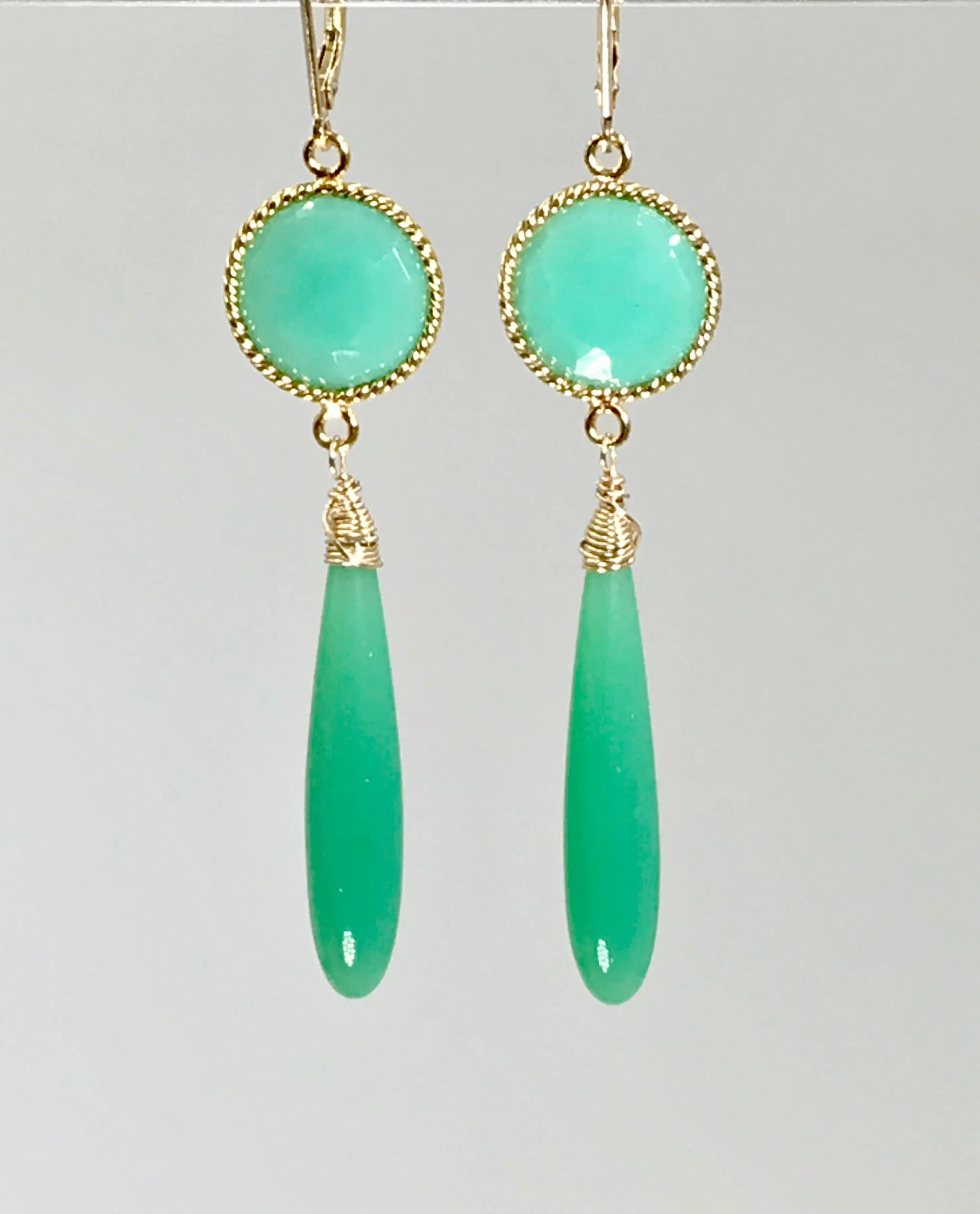 Long Green Drop Earrings Chrysoprase Chalcedony Connectors