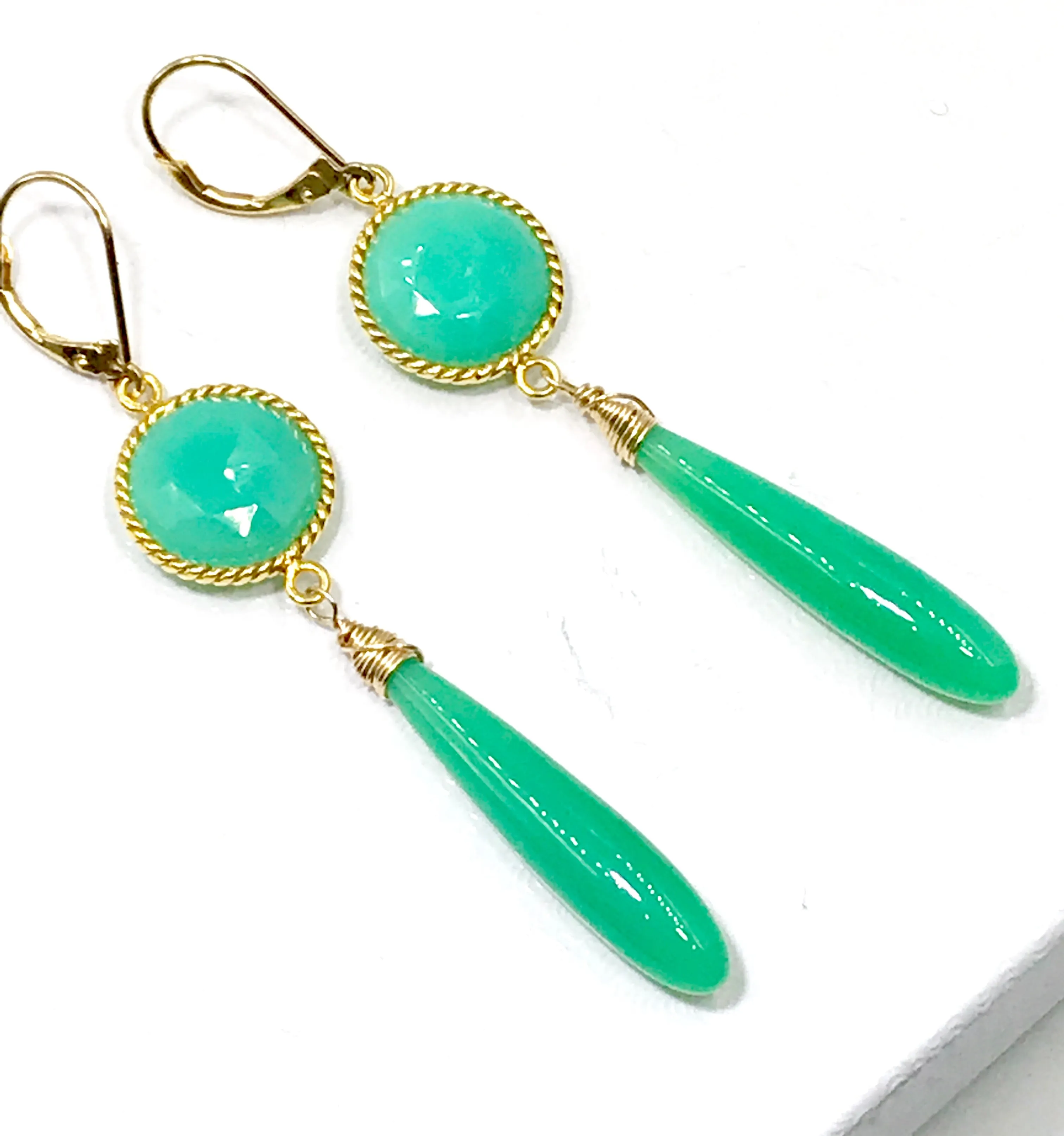 Long Green Drop Earrings Chrysoprase Chalcedony Connectors