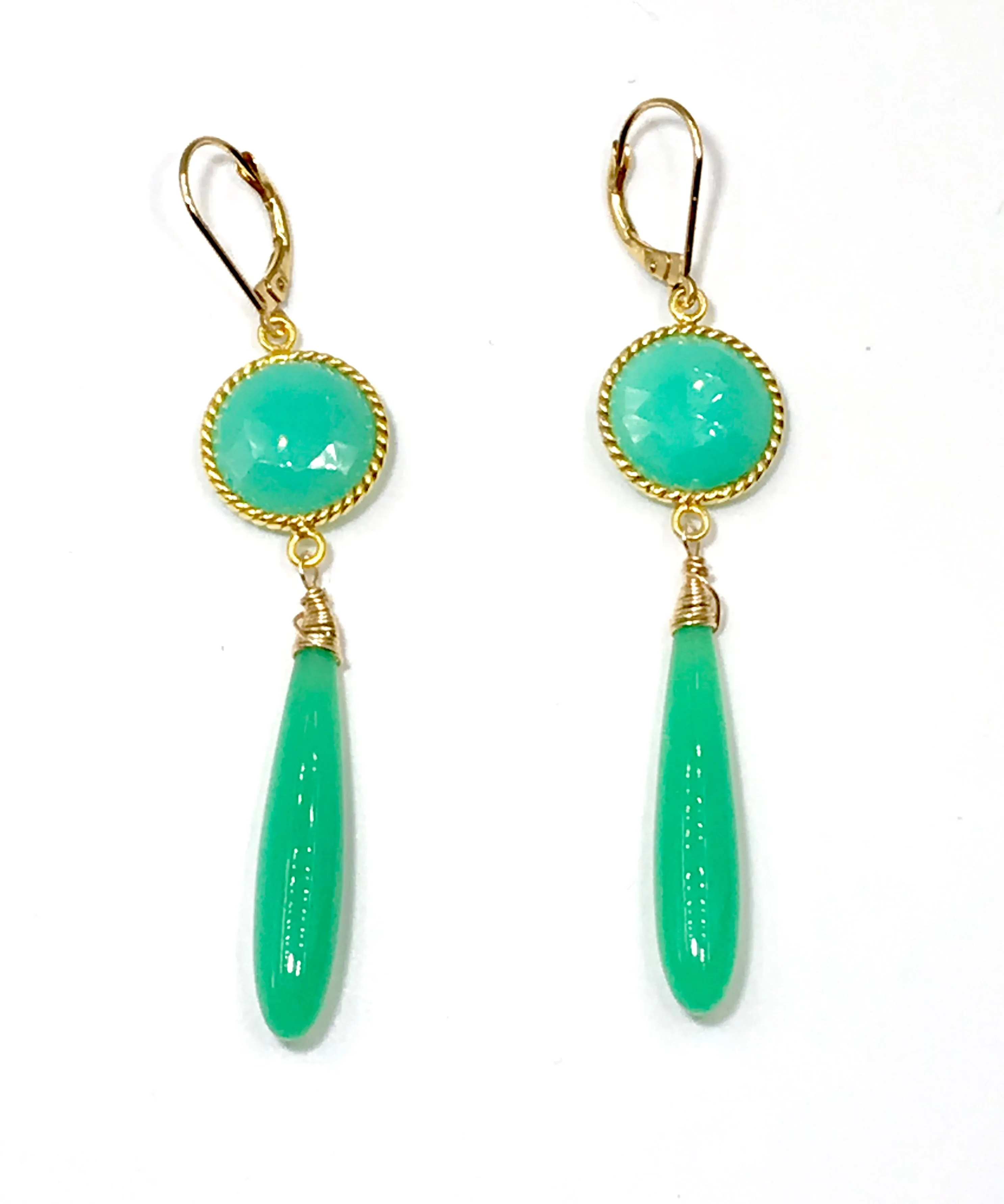 Long Green Drop Earrings Chrysoprase Chalcedony Connectors