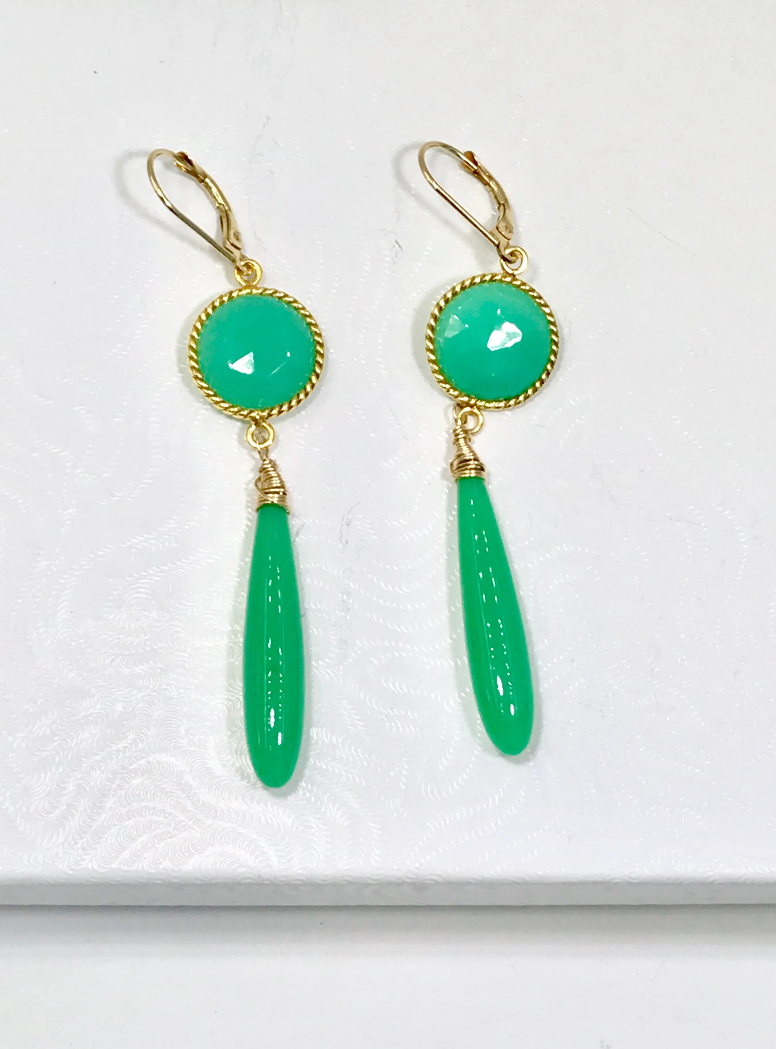 Long Green Drop Earrings Chrysoprase Chalcedony Connectors