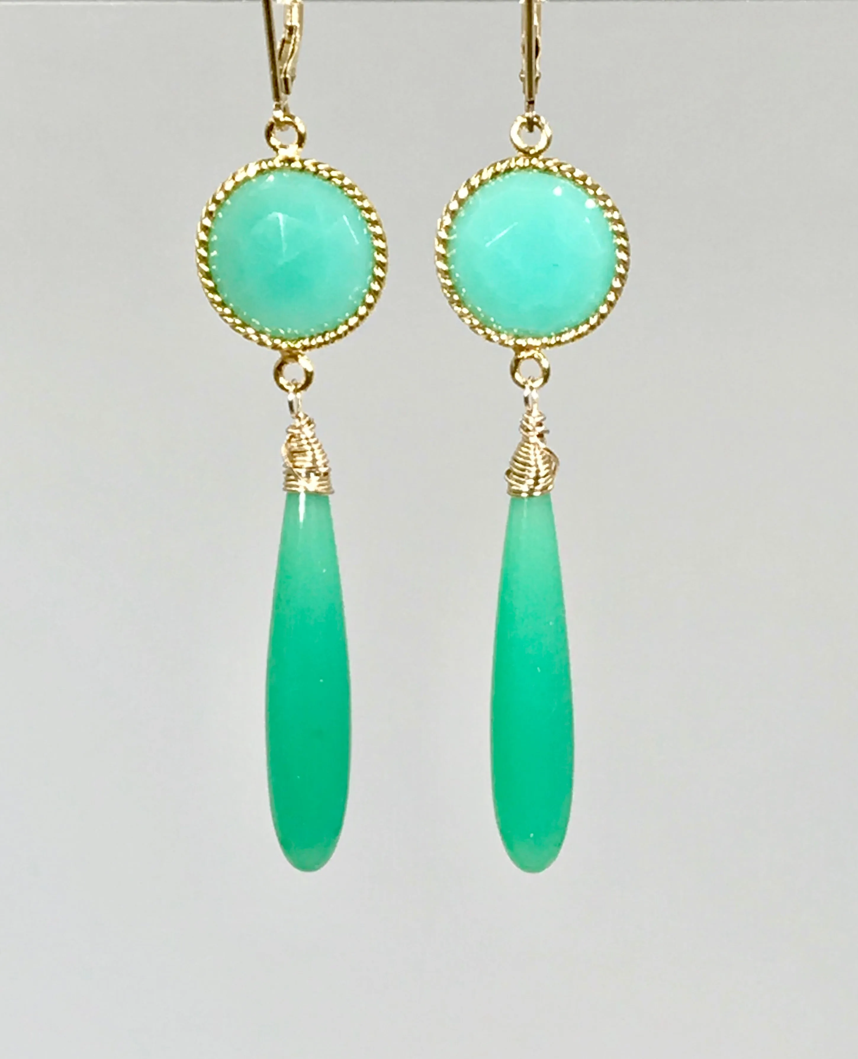 Long Green Drop Earrings Chrysoprase Chalcedony Connectors