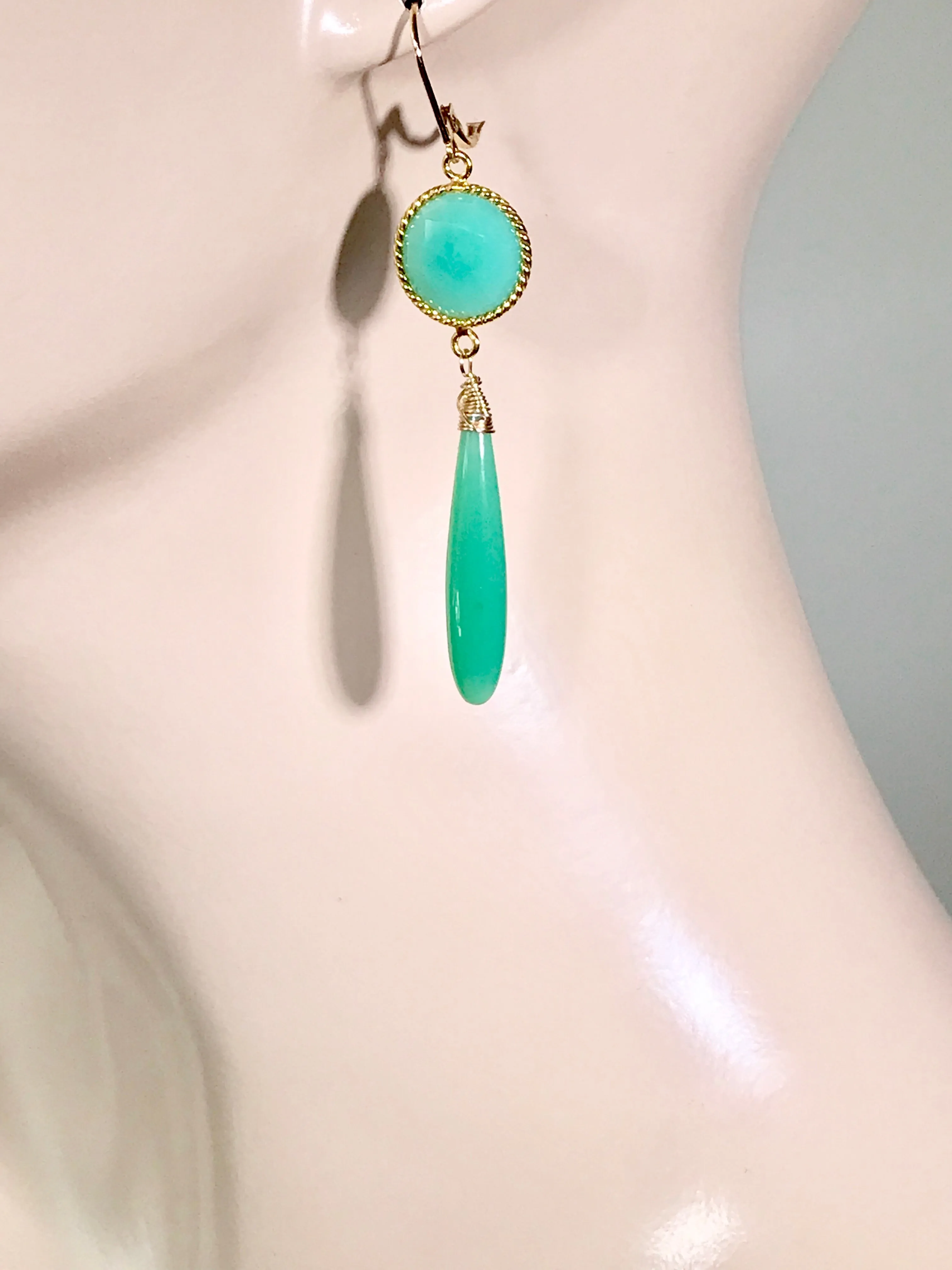 Long Green Drop Earrings Chrysoprase Chalcedony Connectors