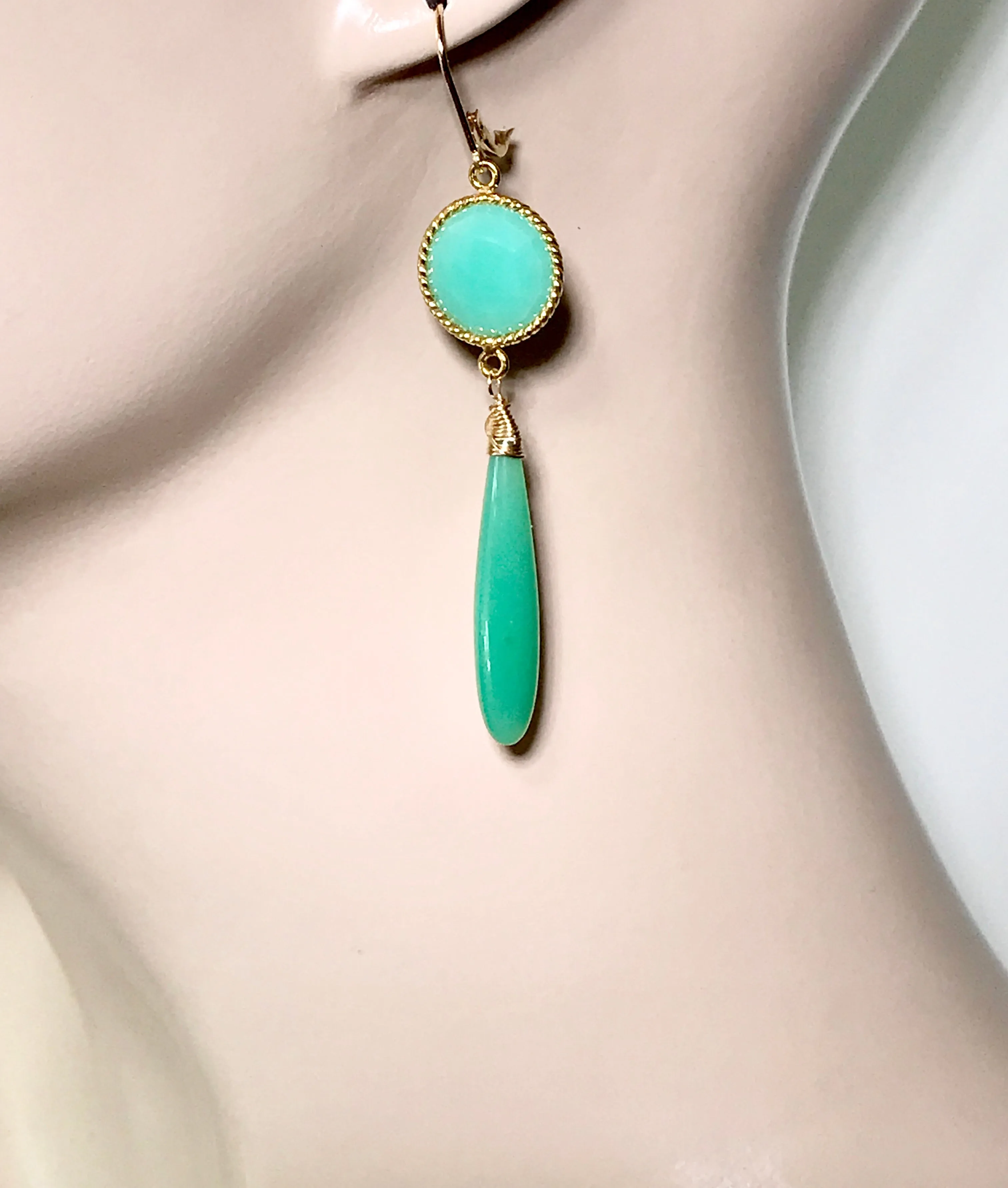 Long Green Drop Earrings Chrysoprase Chalcedony Connectors