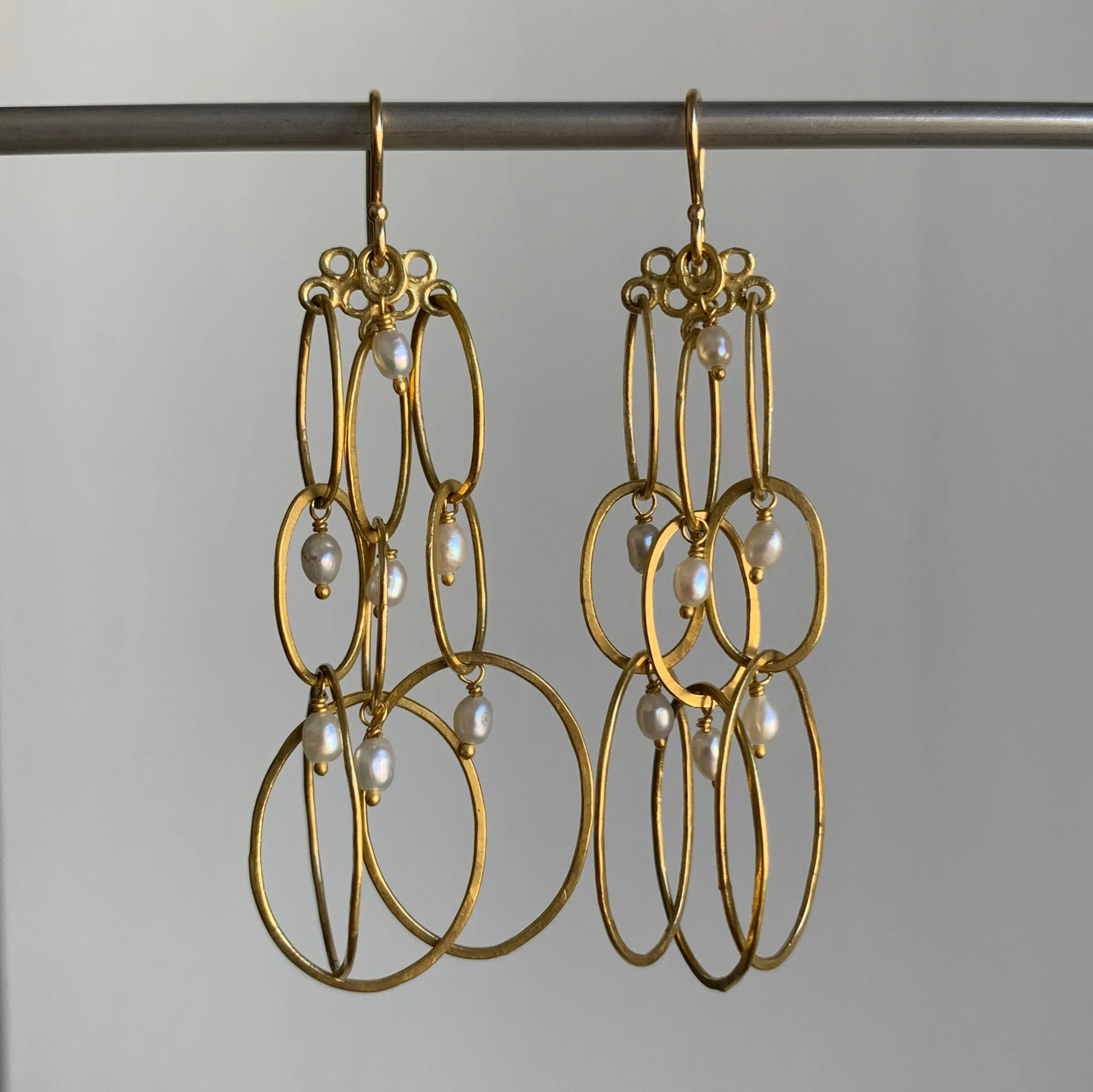 Long Layered Gold Earrings with Pearl Details