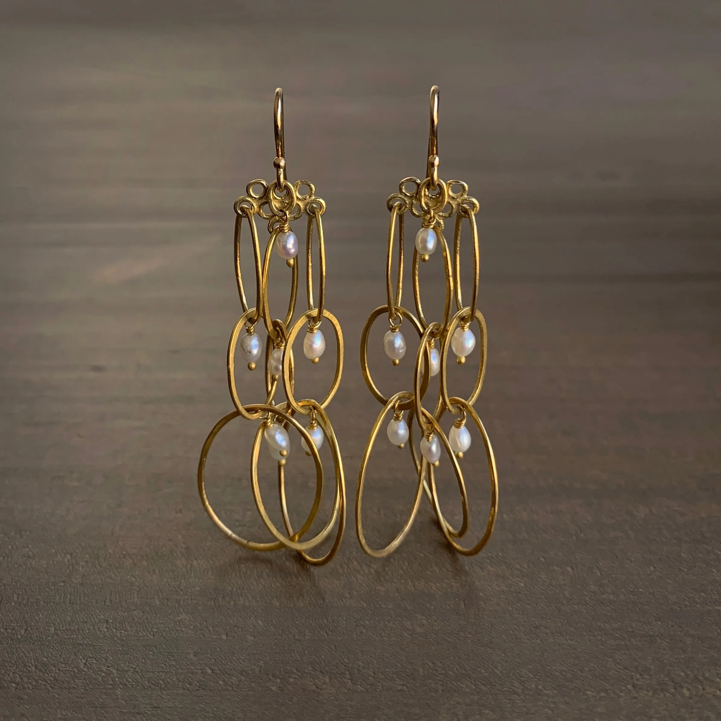 Long Layered Gold Earrings with Pearl Details