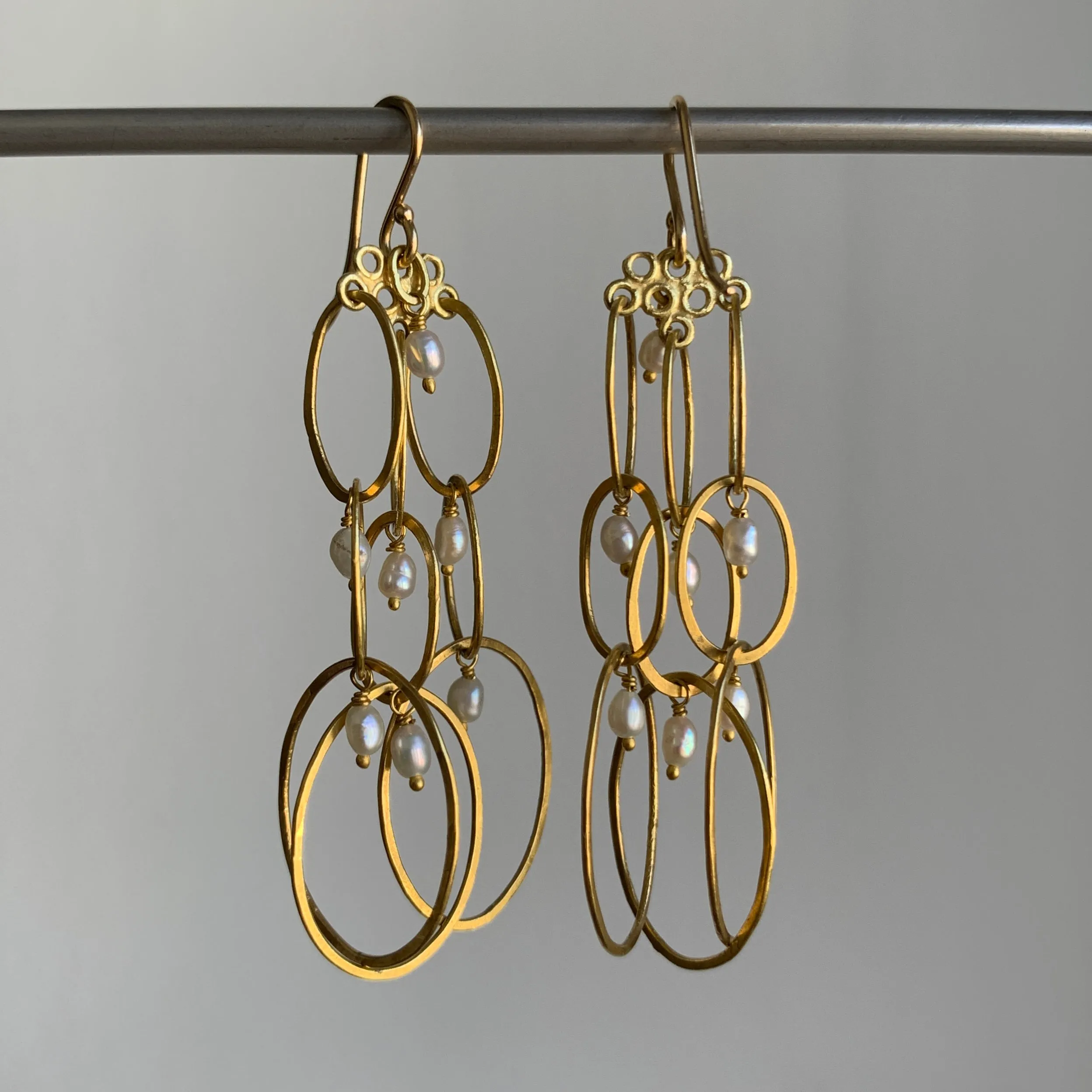Long Layered Gold Earrings with Pearl Details