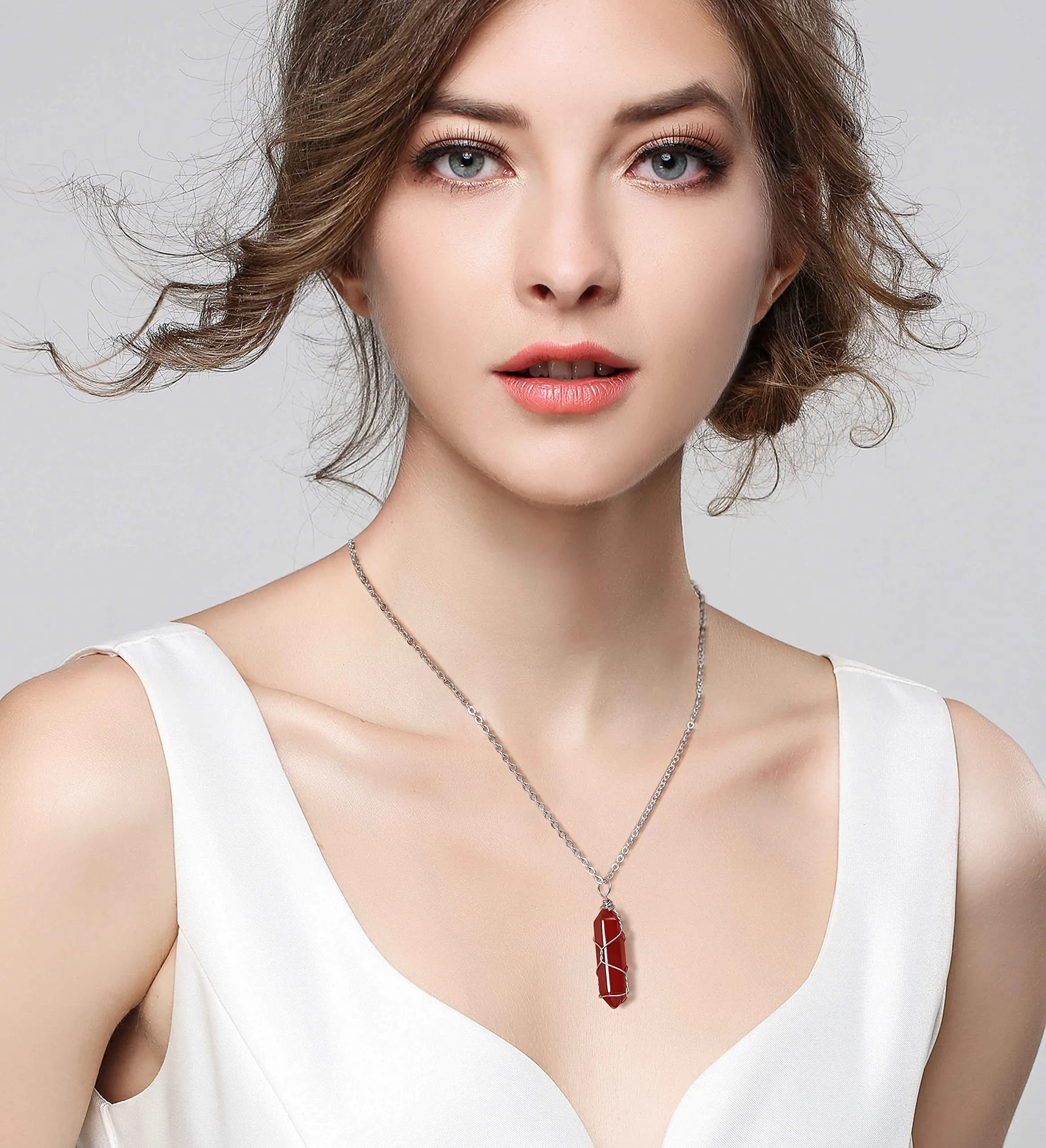 MAIBAOTA 10 Pcs Crystal Necklace Healing Amethyst Crystals Carnelian Chakra Necklaces Evil Eye Necklace Vintage Hippie Wiccan Boho Rose Quartz Moon Sun Jewelry Heart Gemstone Pendant for Women,