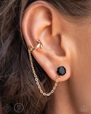 Manifesting Good - Gold - Arrow and Chain Black Gem Paparazzi Ear Crawler/Cuff Earrings - September 2024 Sunset Sightings