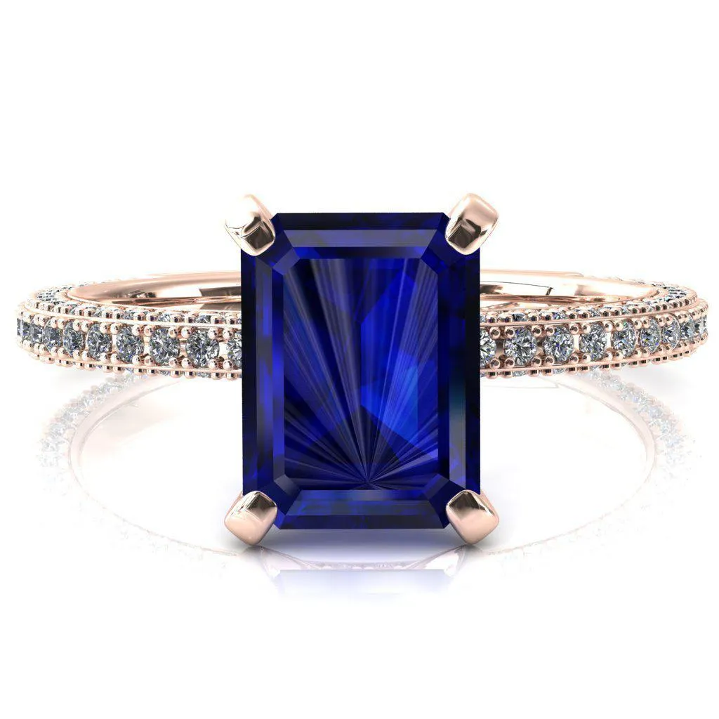 Mariyah Emerald Blue Sapphire 4 Prong 3/4 Eternity 3 Sided Diamond Shank Engagement Ring