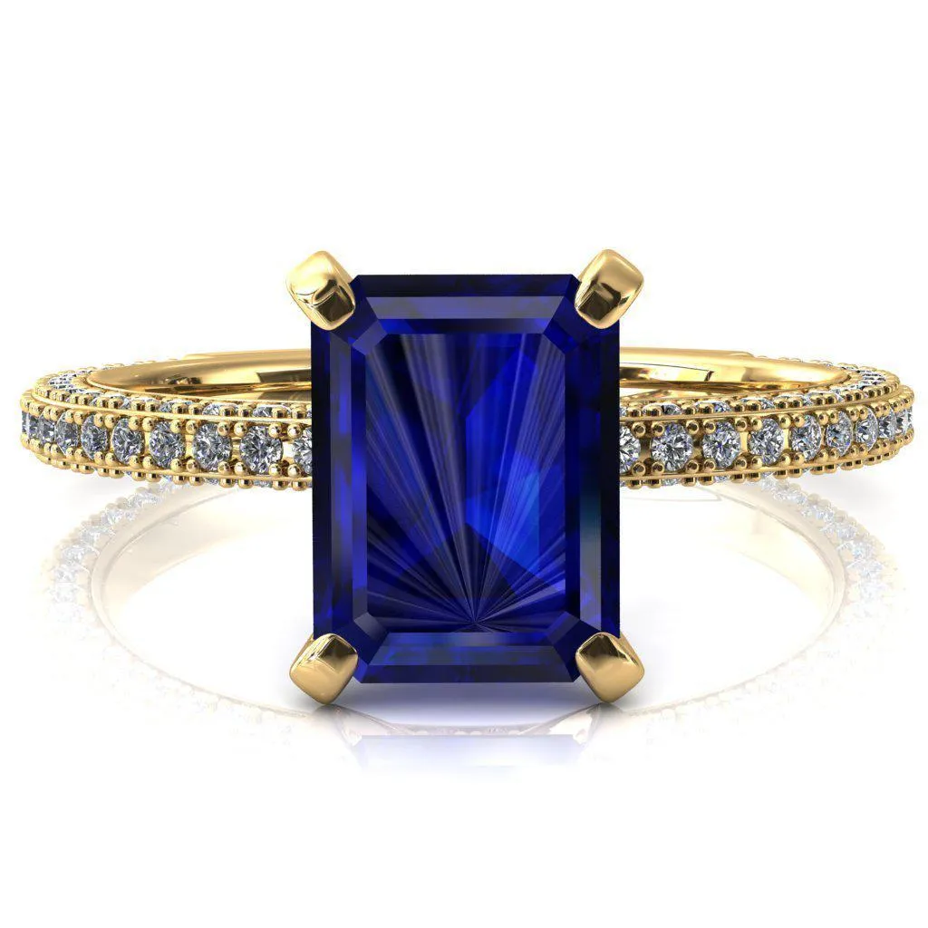 Mariyah Emerald Blue Sapphire 4 Prong 3/4 Eternity 3 Sided Diamond Shank Engagement Ring