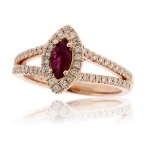 Marquise Shaped Red Emerald and Diamond Halo Style Splint Shank Ring
