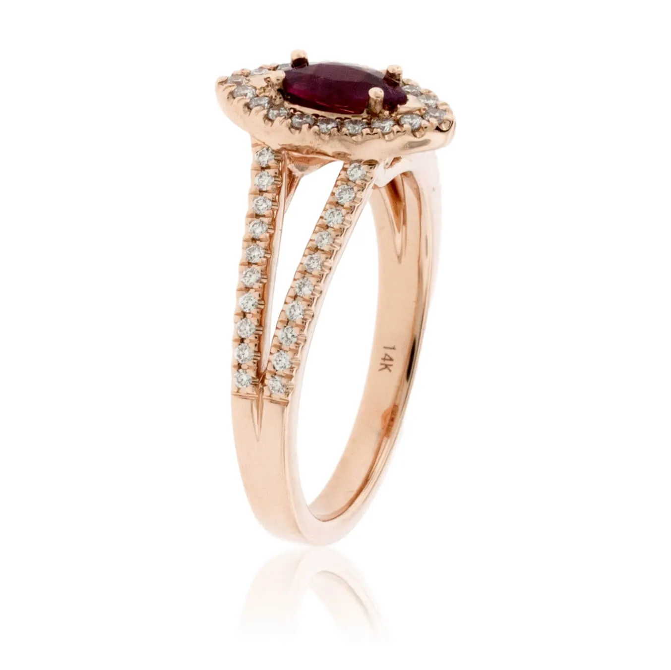 Marquise Shaped Red Emerald and Diamond Halo Style Splint Shank Ring
