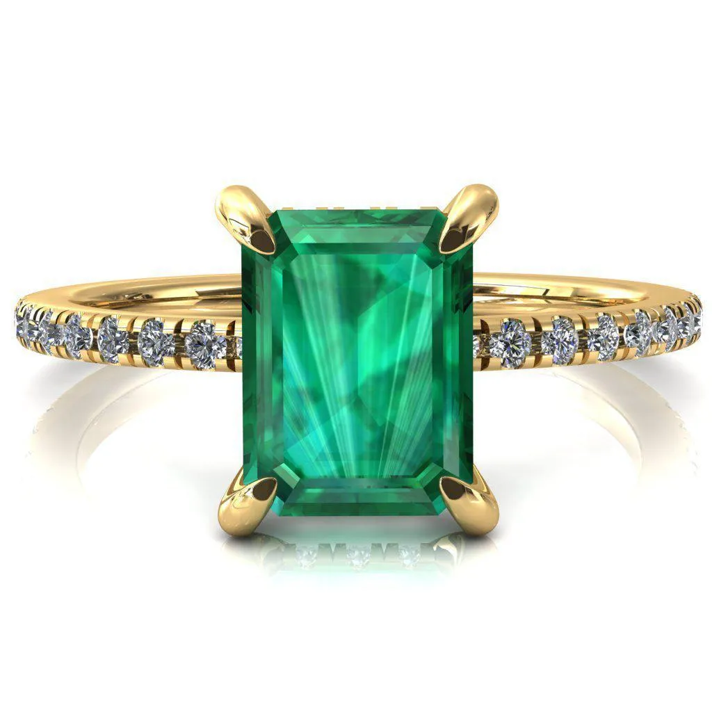 Mayeli Emerald Emerald 4 Claw Prong Micro Pave Diamond Sides Engagement Ring