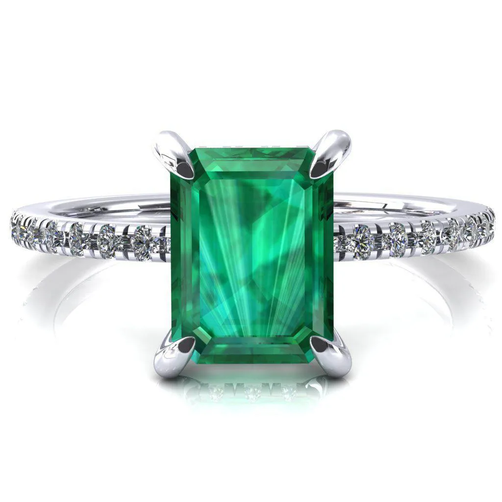Mayeli Emerald Emerald 4 Claw Prong Micro Pave Diamond Sides Engagement Ring