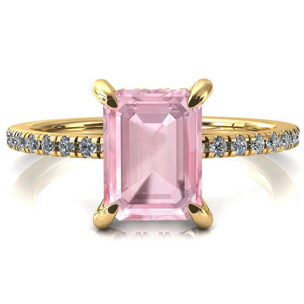 Mayeli Emerald Pink Sapphire 4 Claw Prong Micro Pave Diamond Sides Engagement Ring