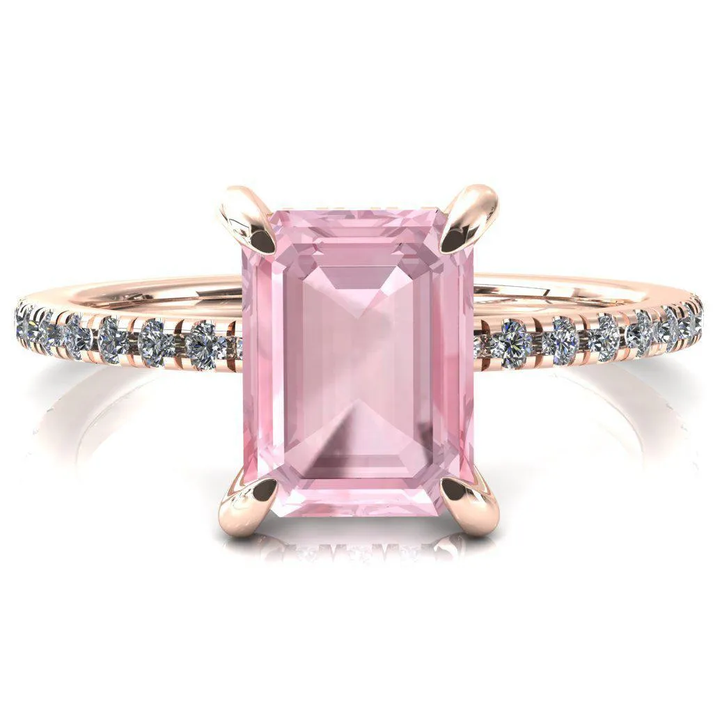 Mayeli Emerald Pink Sapphire 4 Claw Prong Micro Pave Diamond Sides Engagement Ring