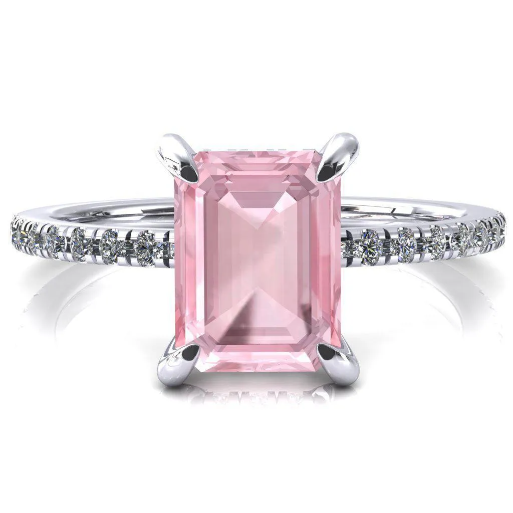 Mayeli Emerald Pink Sapphire 4 Claw Prong Micro Pave Diamond Sides Engagement Ring