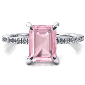 Mayeli Emerald Pink Sapphire 4 Claw Prong Micro Pave Diamond Sides Engagement Ring