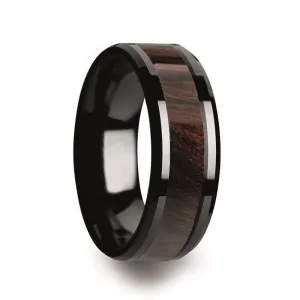 Men's Black Ceramic Wedding Band With Bubinga Wood Inlay & Beveled Edges - 8mm