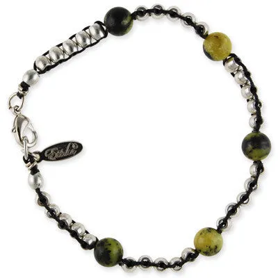 Mens Double Silver Spacer Bead Mens Bracelet on Black Leather
