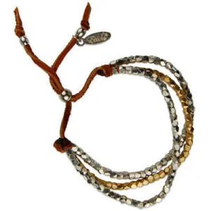 Mens Intertwined Silver Barrel Bead Mens Bracelet on Brown Leather
