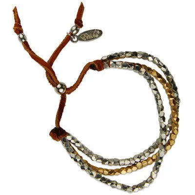 Mens Intertwined Silver Barrel Bead Mens Bracelet on Brown Leather
