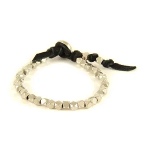 Mens Silver Beaded Bracelet on Black Leather