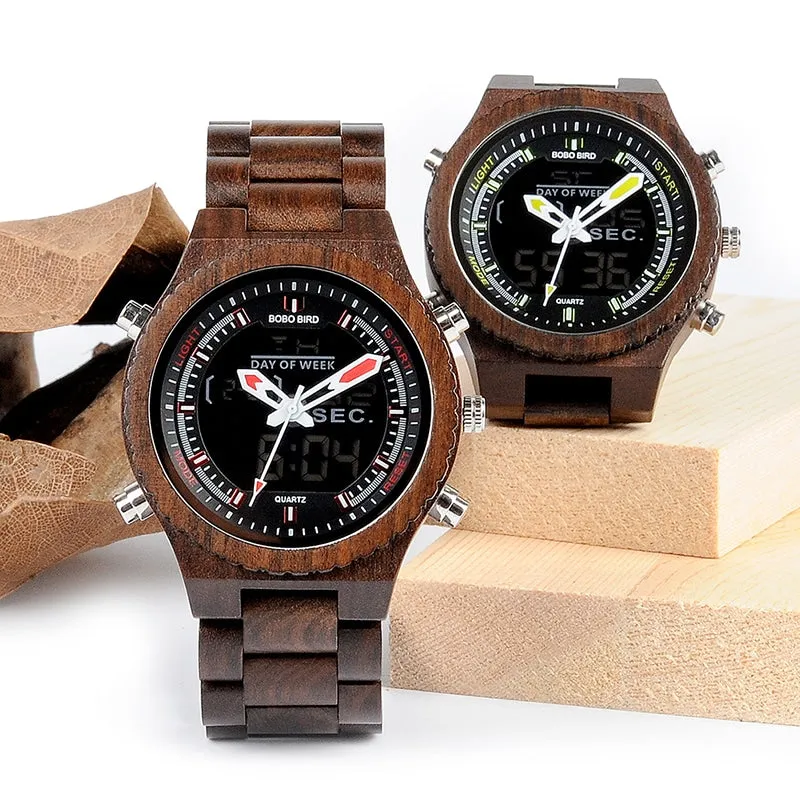 Men's Wood Digital Night Vision Wristwatch