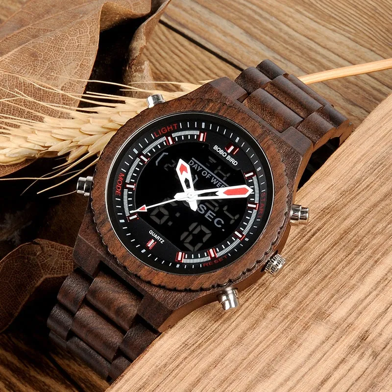 Men's Wood Digital Night Vision Wristwatch