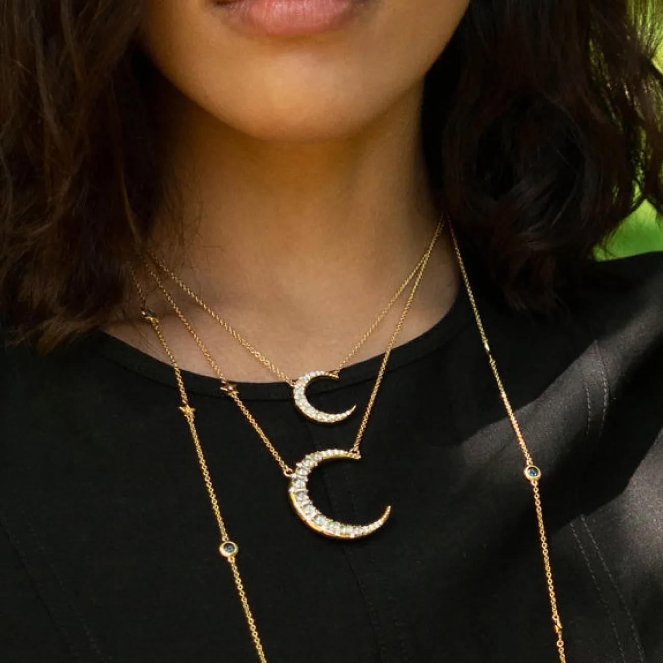 Midi 18K Yellow Gold Crescent Moon Water Opal & Diamond Necklace