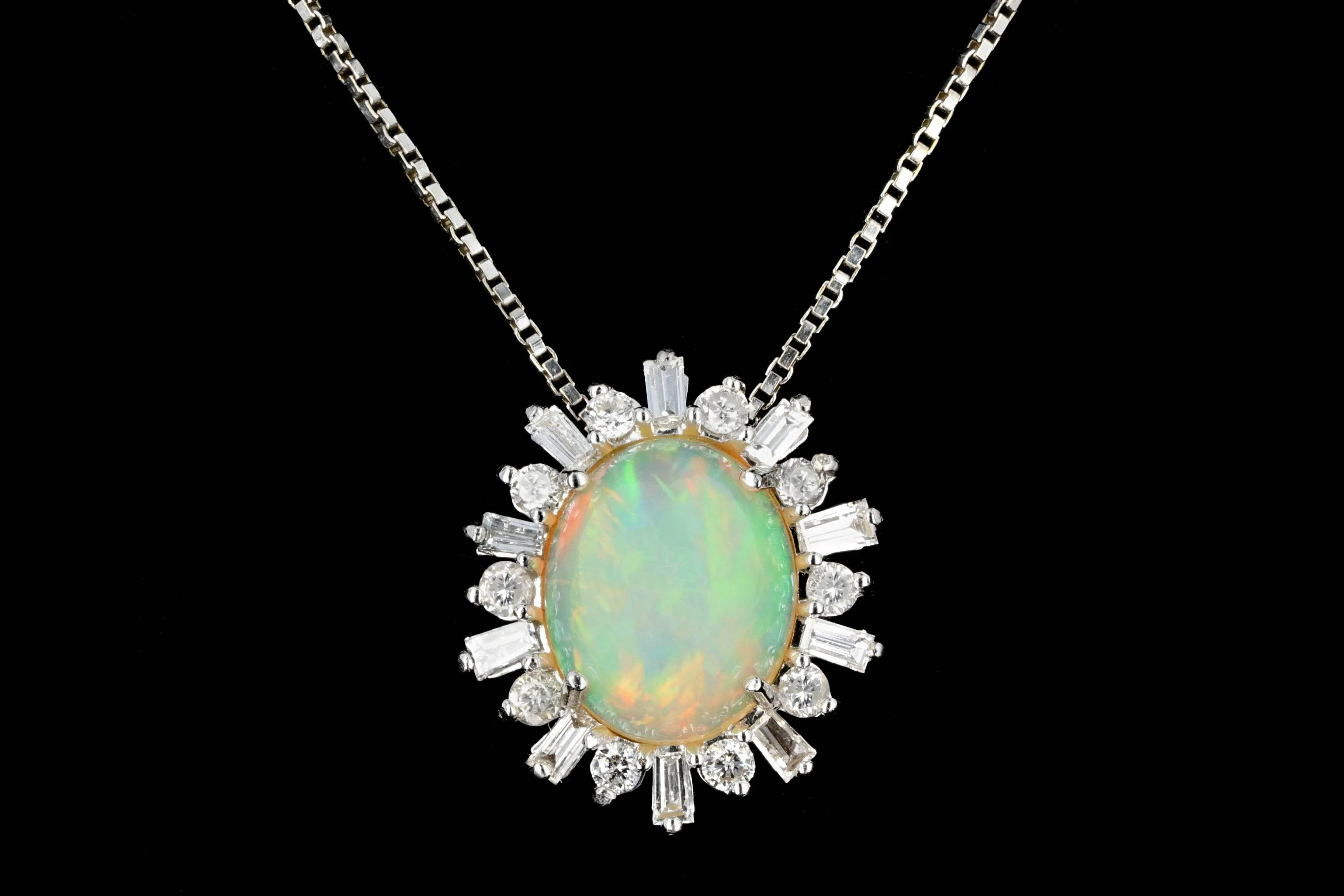 Modern 14K White Gold Opal Diamond Pendant Necklace