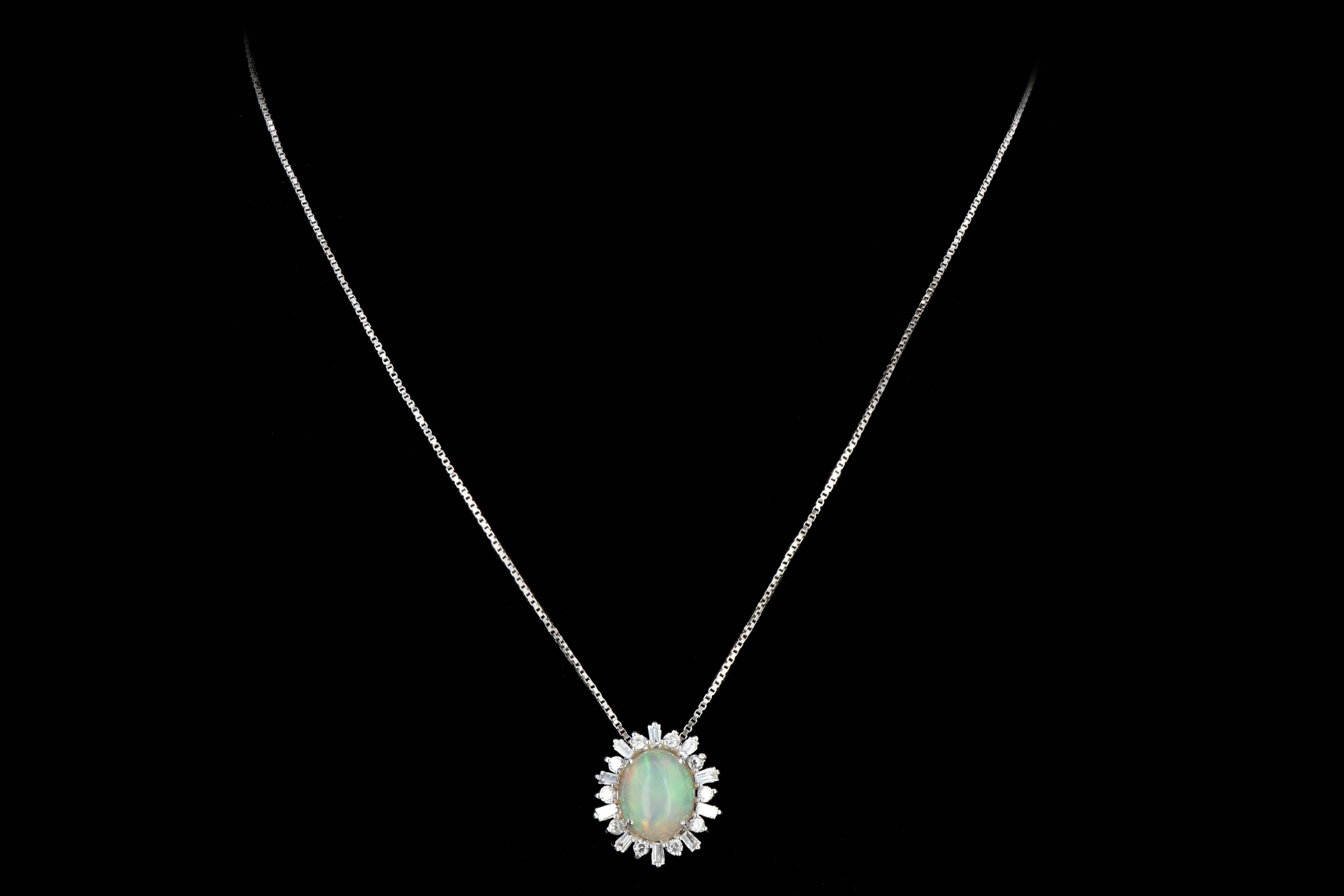 Modern 14K White Gold Opal Diamond Pendant Necklace