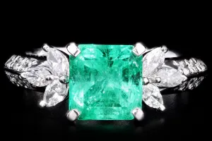 Modern Platinum 1.71 Carat Natural Emerald & Diamond Ring