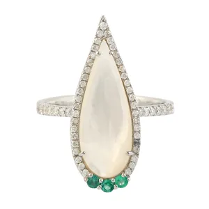 Mother Of Pearl June Birthstone Prong Set Emerald Pave Diamond In White Gold Ring