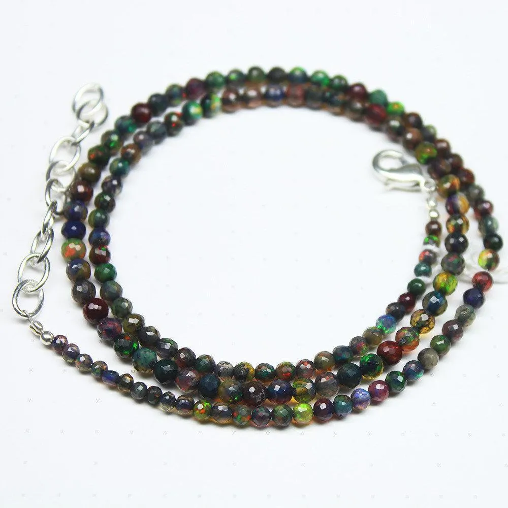 Natural Black Opal Faceted Round Loose Gemstone Beads Necklace 17" 3mm 4mm 34ct